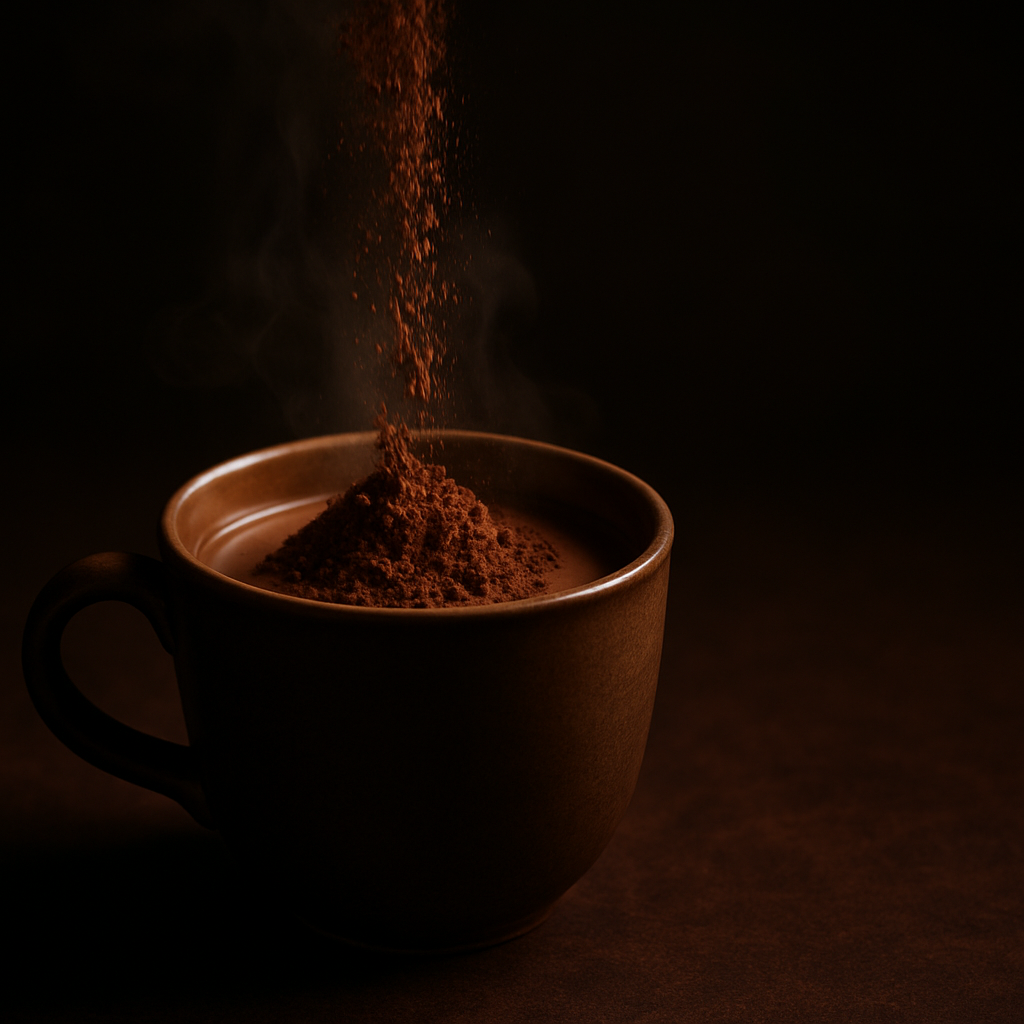 Dunkles Kakaopulver wird in eine Tasse heisse Schokolade gegossen